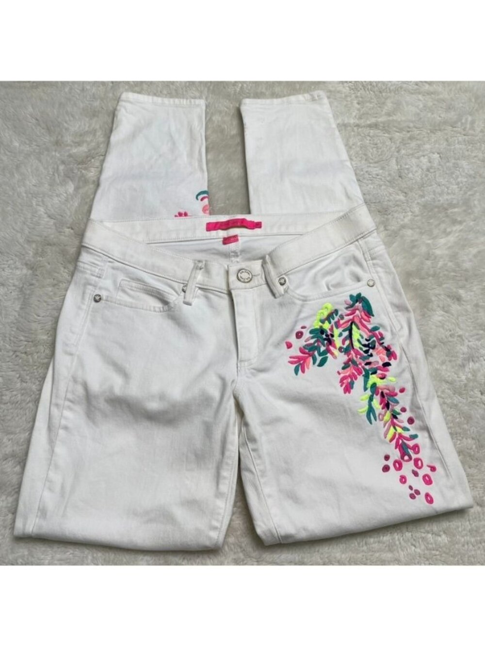 Lilly Pulitzer White Painted Skinny Jeans Size 4 Floral Paisley Crop Denim